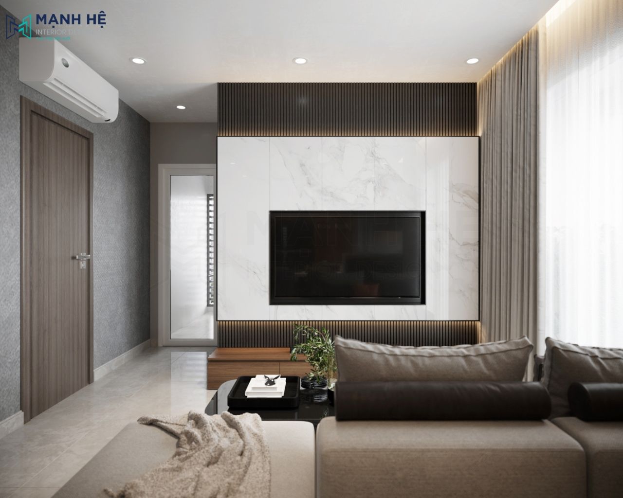 Phòng khách đặt sofa nhỏ màu xám kết hợp với bàn trà vuông tạo sự hiện đại, sang trọng cho tổng thể