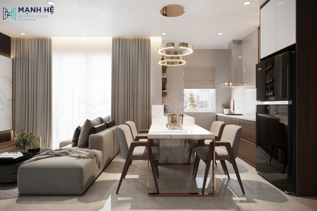 Bộ bàn ăn 4 chỗ với mặt bàn đá vân mây và ghế nỉ kết hợp với ánh đèn vàng của chùm thả tạo sự ấm cúng hơn cho mỗi bữa ăn gia đình