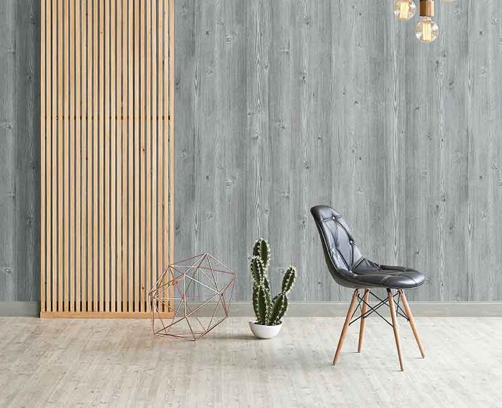 Giấy dán tường giả vân gỗ màu xám cá tính cho phòng khách