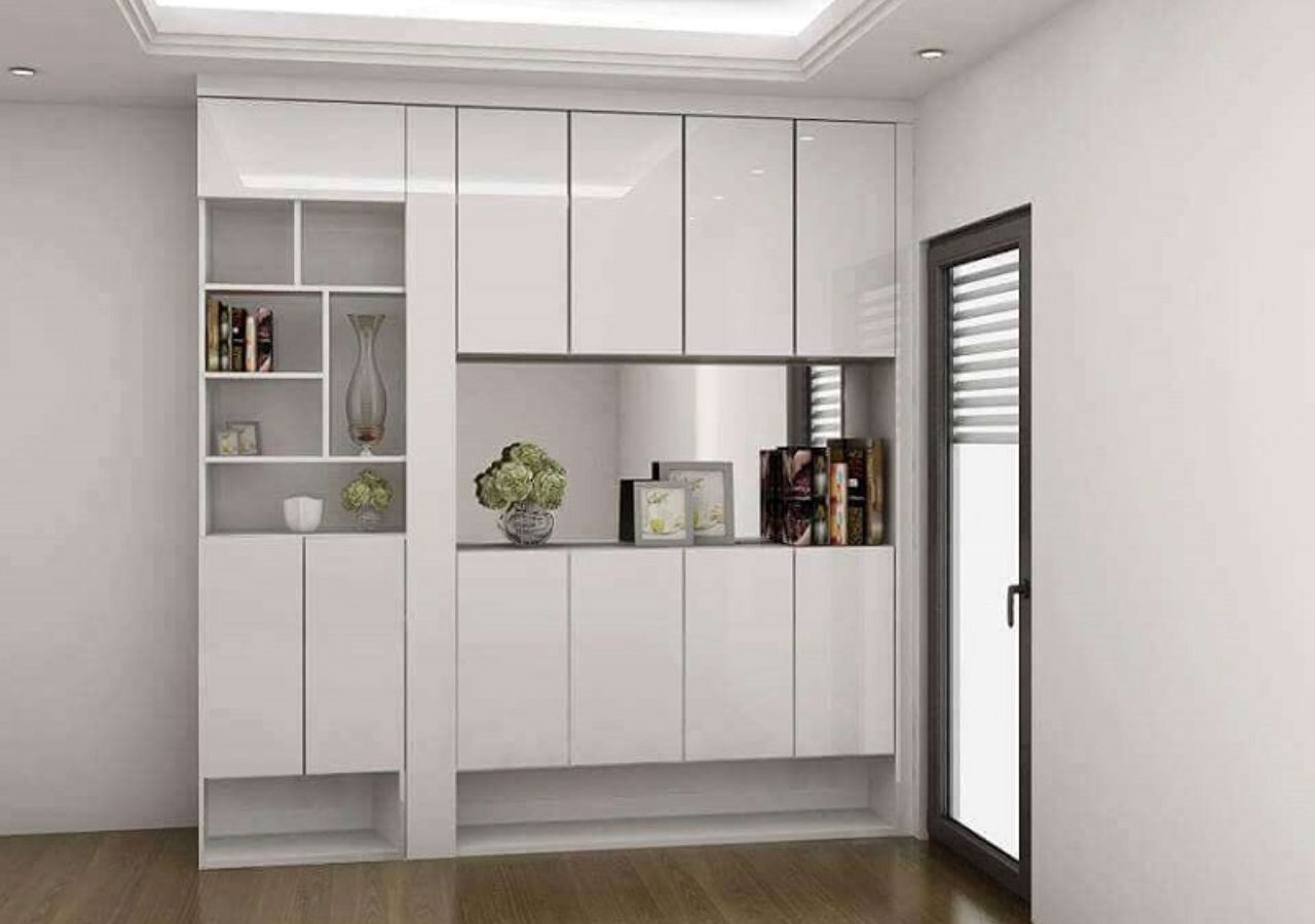 Mẫu 16: Tủ giày gỗ công nghiệp cao kịch trần nhiều ngăn có kệ trang trí