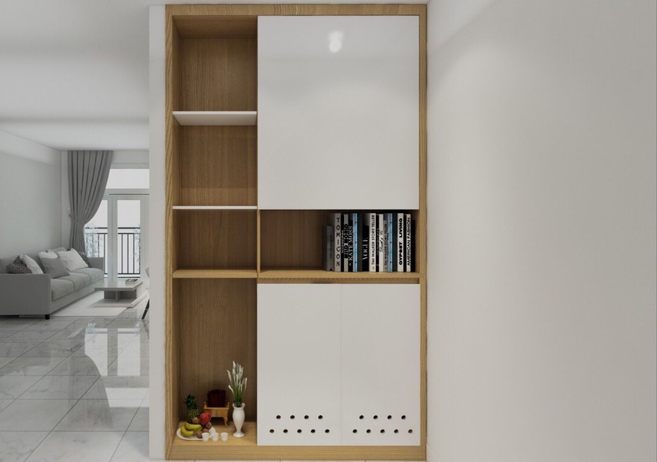 Mẫu 22: Tủ giày kịch trần âm tường thiết kế đơn giản kết hợp kệ sách