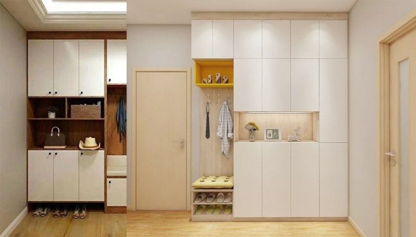 Mẫu 15: Tủ giày thông minh có ghế ngồi kết hợp với móc treo đồ và kệ trang trí