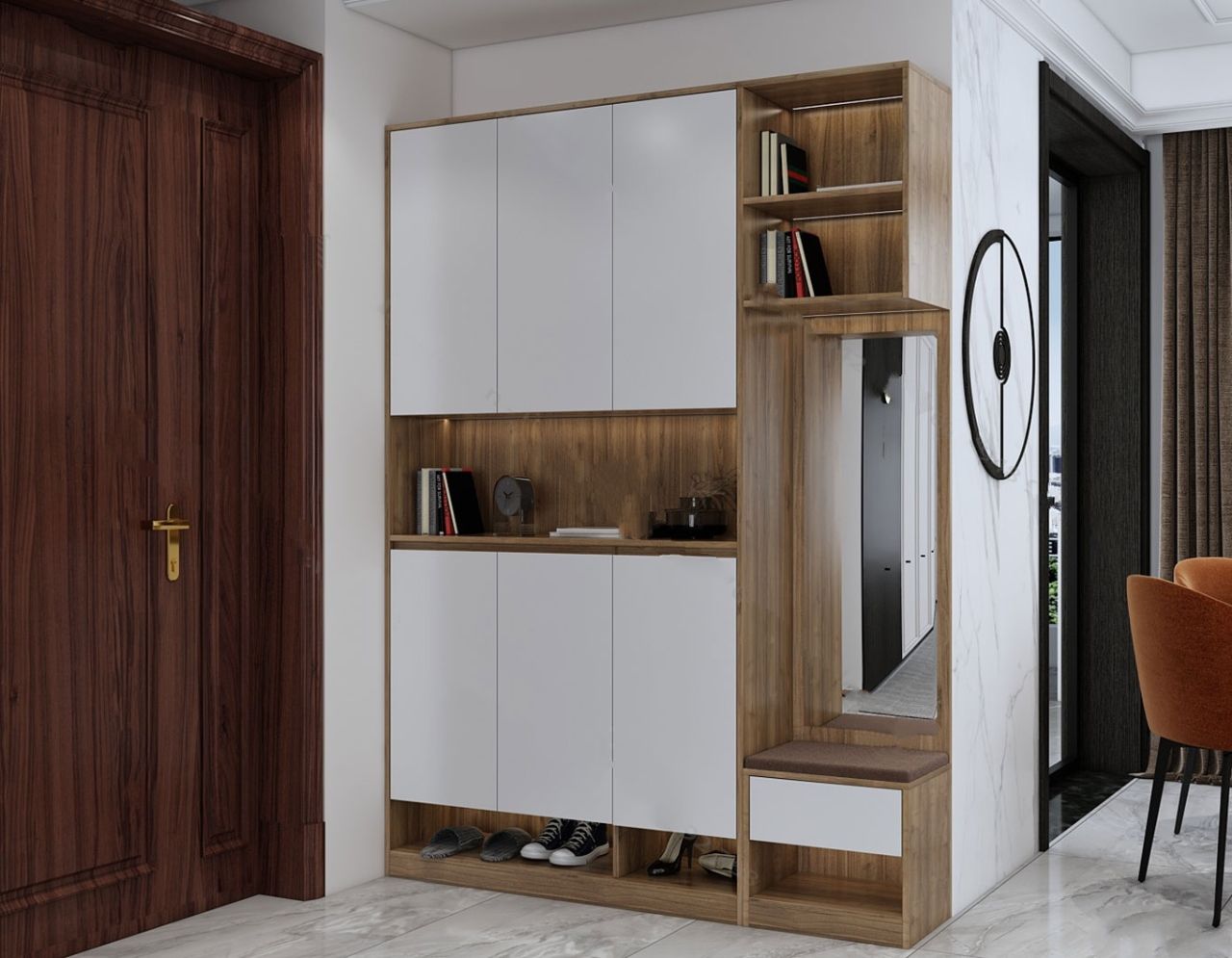 Mẫu 20: Tủ giày kết hợp ghế ngồi và kệ trang trí được làm từ gỗ công nghiệp