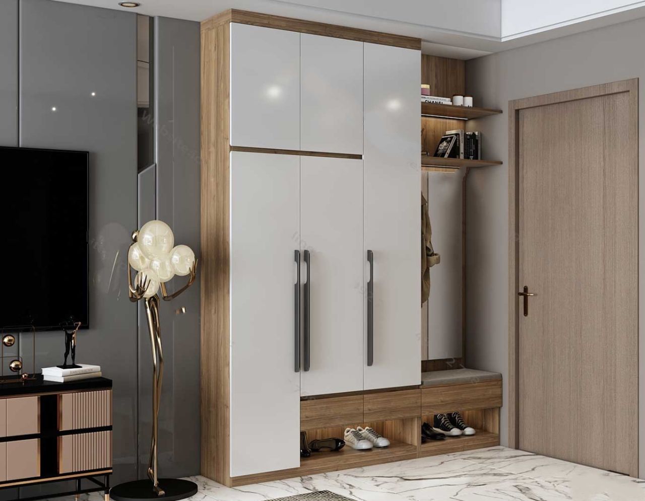 Mẫu 16: Bố trí tủ giày cao kịch trần bằng gỗ công nghiệp hiện đại