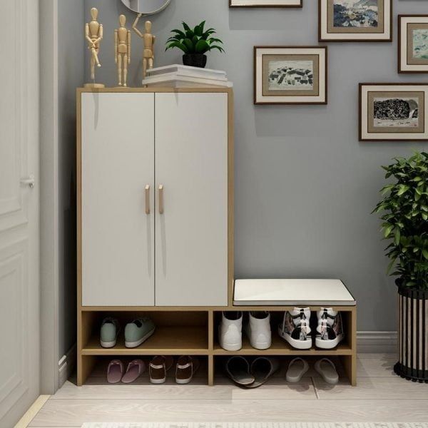 Mẫu 13: Tủ giày kết hợp ghế ngồi tone màu trắng