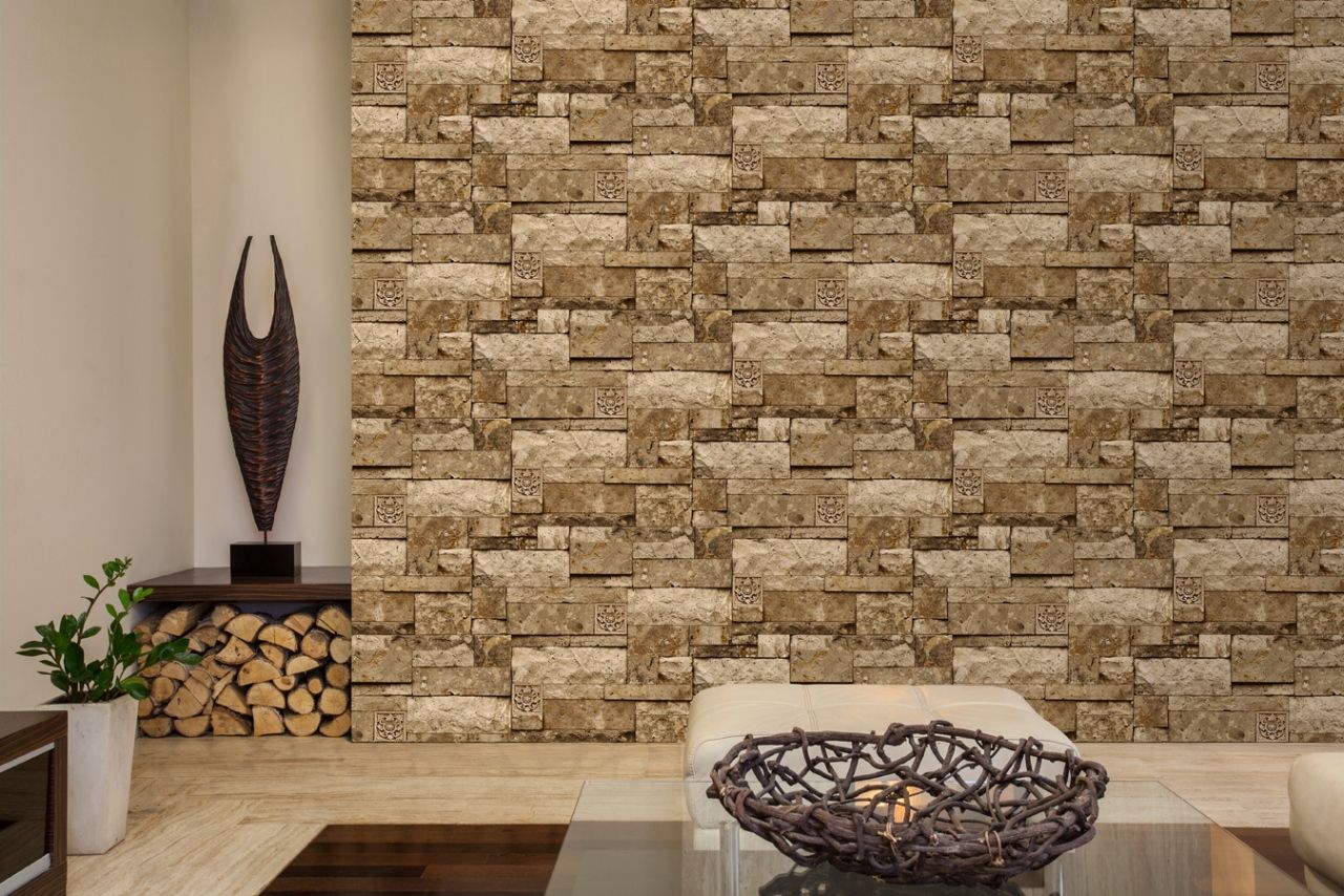 Giấy dán tường giả đá hoa văn độc lạ màu nâu vàng
