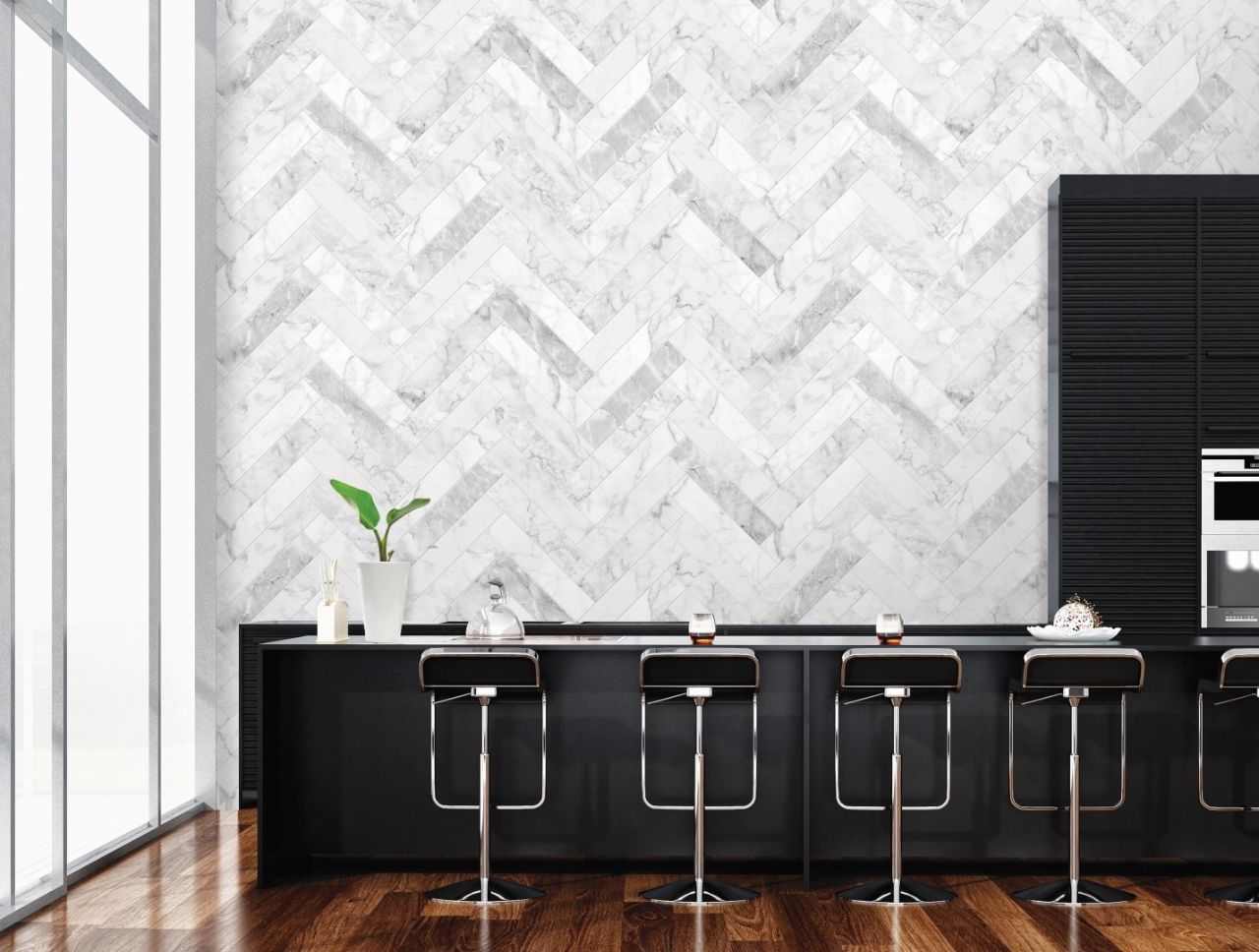 Giấy dán tường giả ốp đá hoa cương hình xương cá đẹp mắt