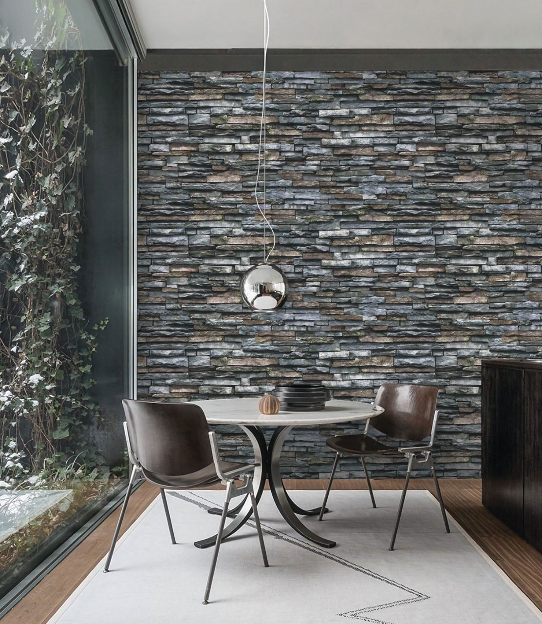 Giấy dán tường giả đá que ốp tường tone màu đậm mang đến sự trầm tĩnh, yên ổn cho không gian