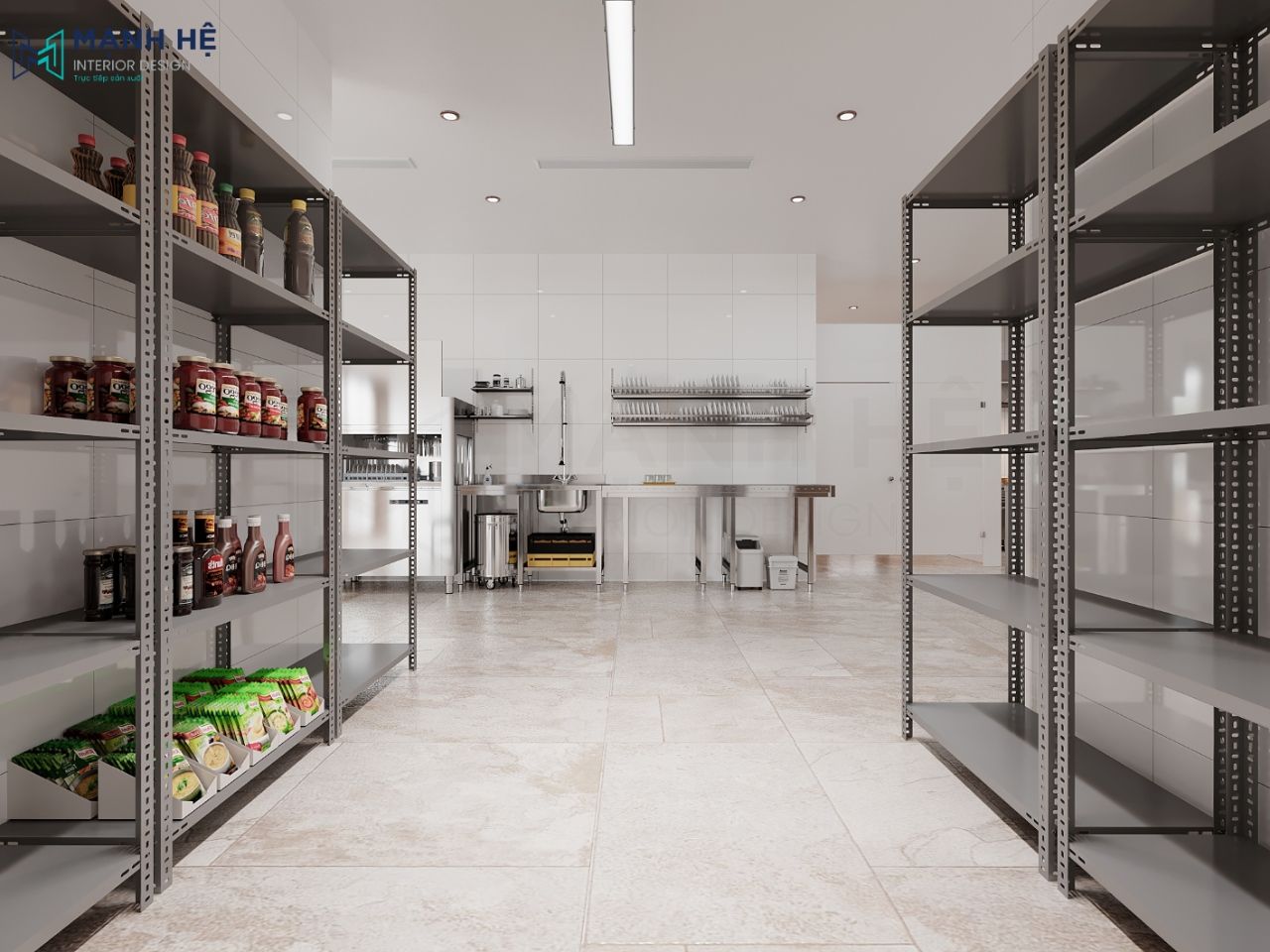 Phòng bếp được thiết kế tổng thể với tone màu trắng và chất liệu inox