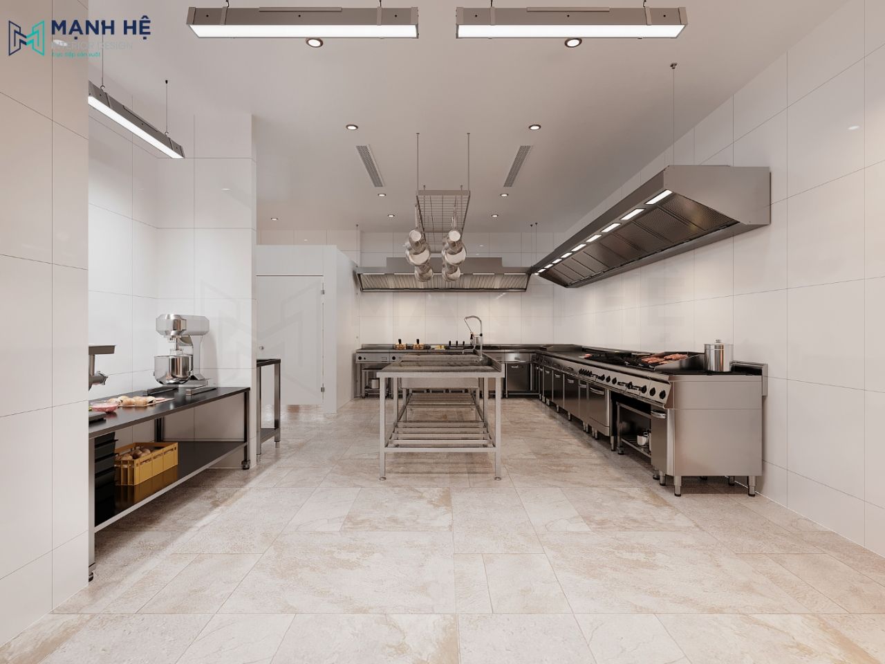 Phòng bếp với đầy đủ đồ dùng và được treo cao tạo sự thuận tiện cho đầu bếp trong quá trình sử dụng, cũng như tạo sự gọn gàng cho căn bếp nấu