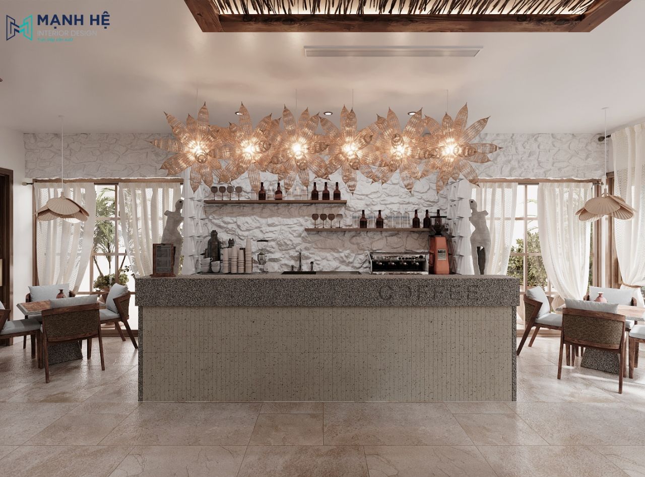 Quầy bar đặt giữa phòng ăn được thiết kế tinh tế, tỉ mỉ với những món đồ decor nhỏ