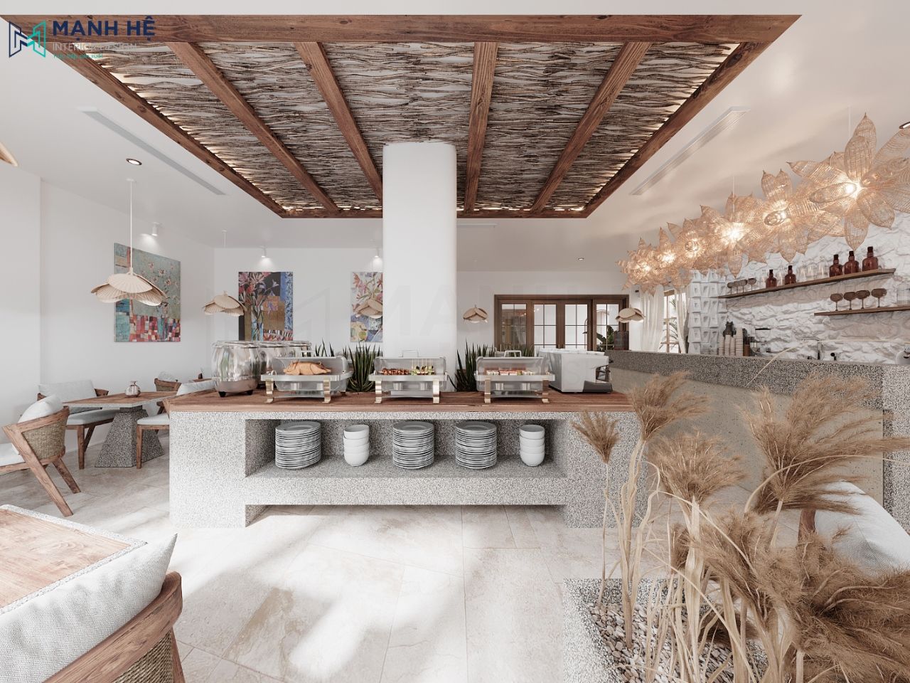 Thiết kế nội thất phòng ăn được theo phong cách Rustic với những màu sắc cơ bản, tự nhiên giữ nguyên được nét mộc mạc ấm cúng và bình yên