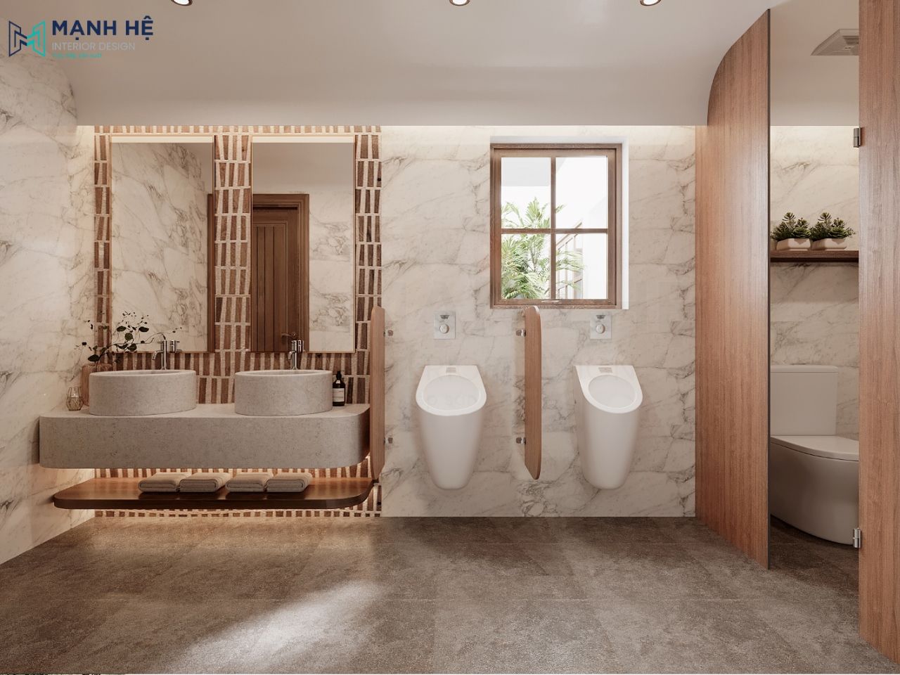 Nhà vệ sinh ốp gạch toàn bộ điểm nhấn là mảng tường ốp gạch khối lạ
