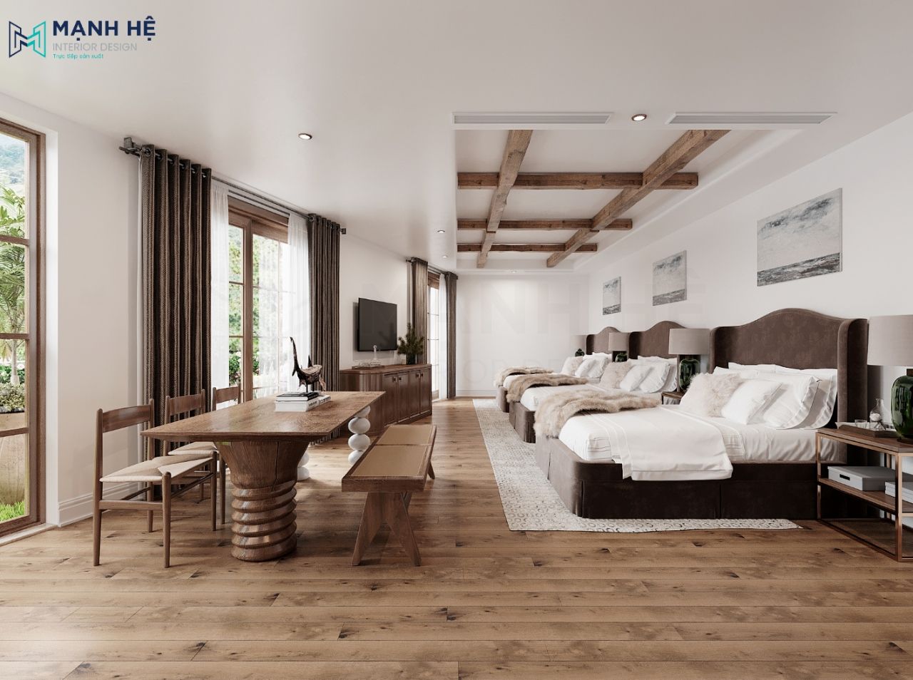 Phòng khách sạn lớn thiết kế nội thất 3 giường ngủ với tone màu nâu bọc nhung tạo sự sang trọng nhưng trầm ấm
