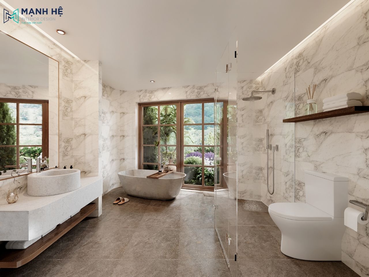 Phòng khách sạn 3 giường ngủ với phòng tắm lớn có bồn tắm đặt cạnh cửa sổ tạo sự hòa hợp với thiên nhiên có phòng tắm đứng và đầy đủ tiện nghi