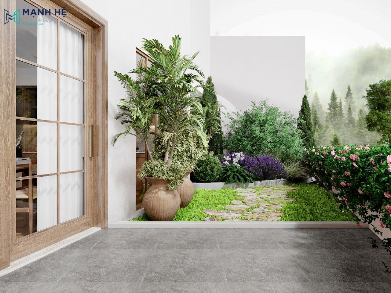 Ban công phòng 3 giường ngủ được thiết kế với tràn ngập cây xanh với hoa hồng, với không gian thoáng đãng