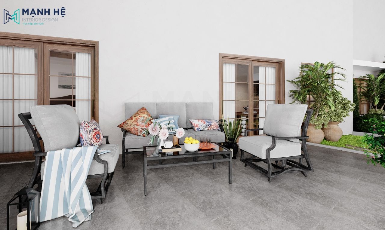 Với bộ sofa khung đen kết hợp đệm tời xám giúp khách hàng thư giãn khi ngồi quây quần với nhau