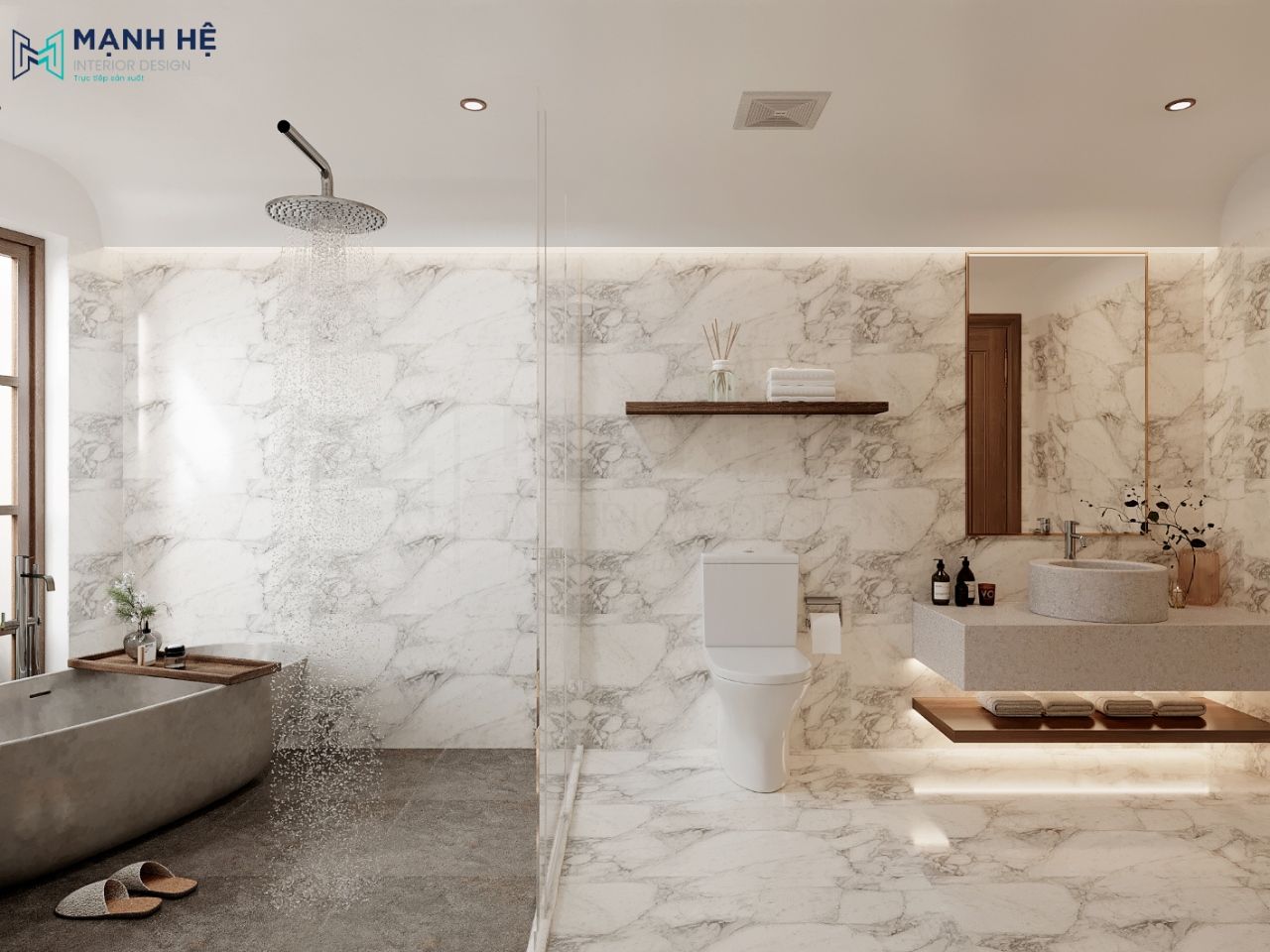 Phòng tắm 2 giường ngủ được thiết kế với diện tích nhỏ nhưng vẫn đầy đủ tiện ích và vô cùng sang trọng với tone màu trắng