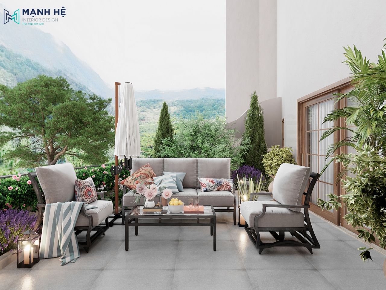Thiết kế ban công phòng 2 giường ngủ với bộ sofa khung đen kết hợp đệm tời xám giúp khách hàng thư giãn tận hưởng trọn vẹn khung cảnh thiên nhiên khi ngồi quây quần với nhau
