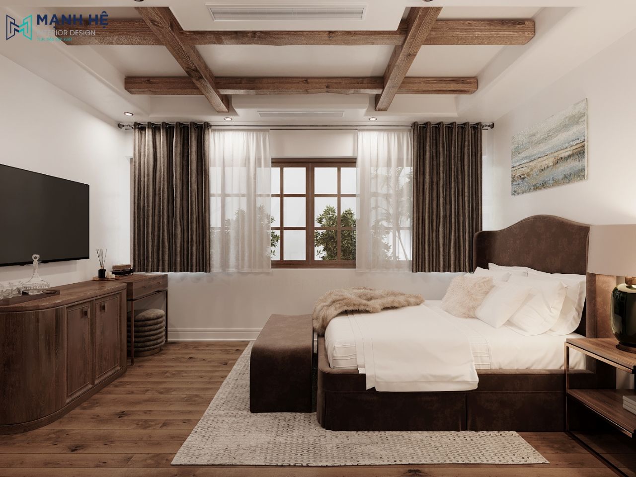 Phòng khách sạn 1 giường ngủ được thiết kế đầy đủ tiện nghi với tone màu gỗ trầm tự nhiên giữ nguyên nét ấm cúng