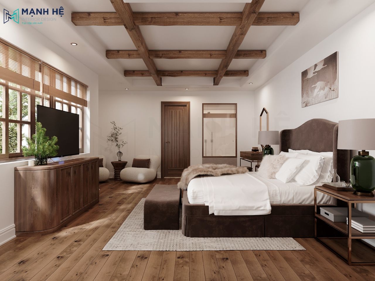 Phòng ngủ thiết kế với phong cách hiện đại xen lẫn Rustic, sử dụng những tone màu ấm kết hợp với những món đồ decor nhỏ tạo sự ấm áp cho người nhìn
