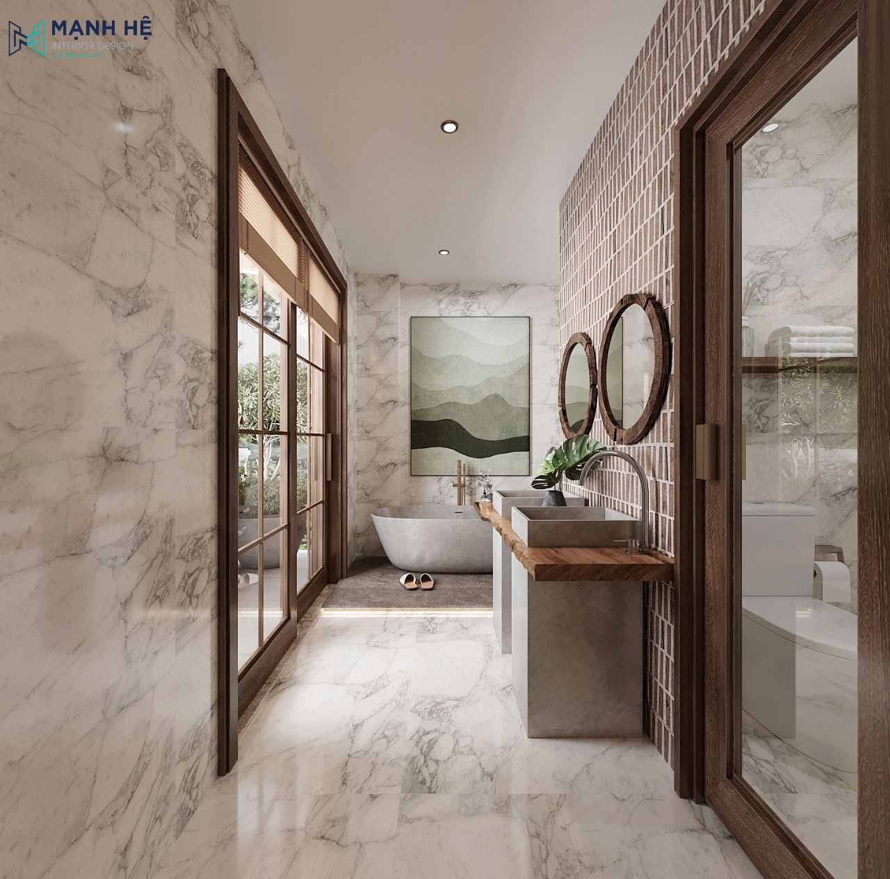 Bồn rửa mặt đôi với các chi tiết mộc mạc theo phong cách Rustic nhẹ nhàng