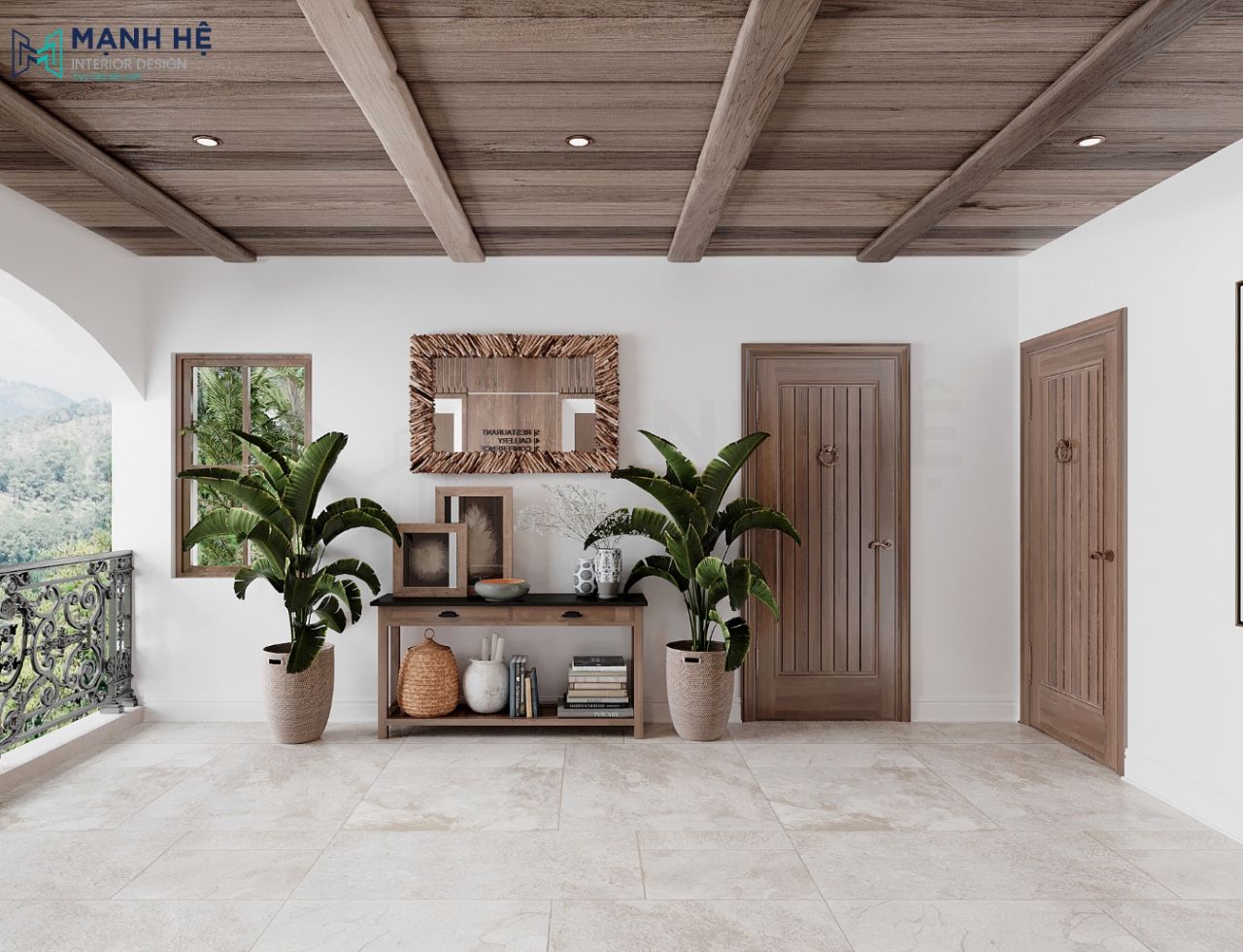 Sảnh phụ tầng hầm đơn giản với bàn gỗ chân xương rồng độc đáo