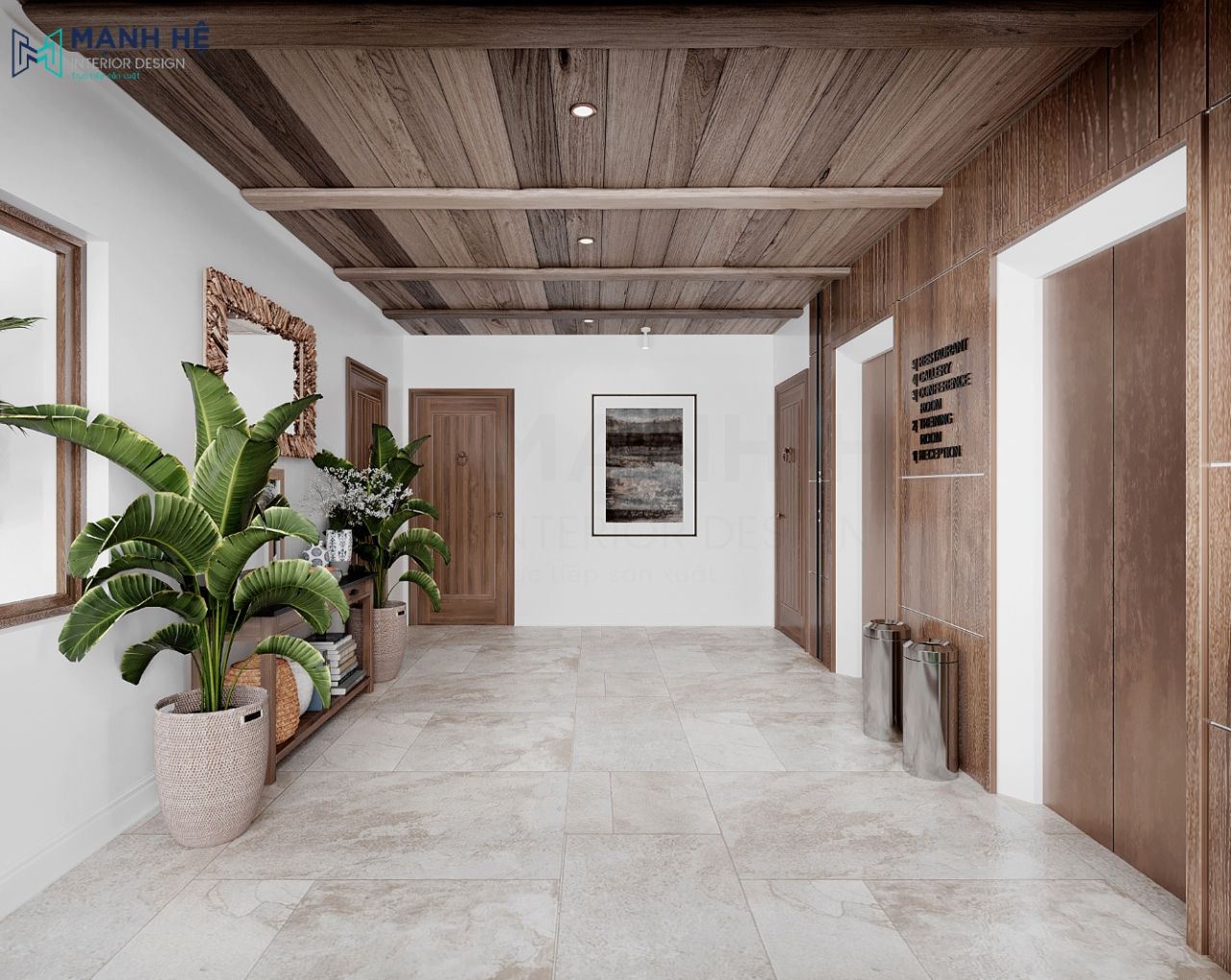 Sảnh lầu 1 thiết kế đơn giản với nội thất gỗ và cây xanh tạo cảm giác sinh động hơn