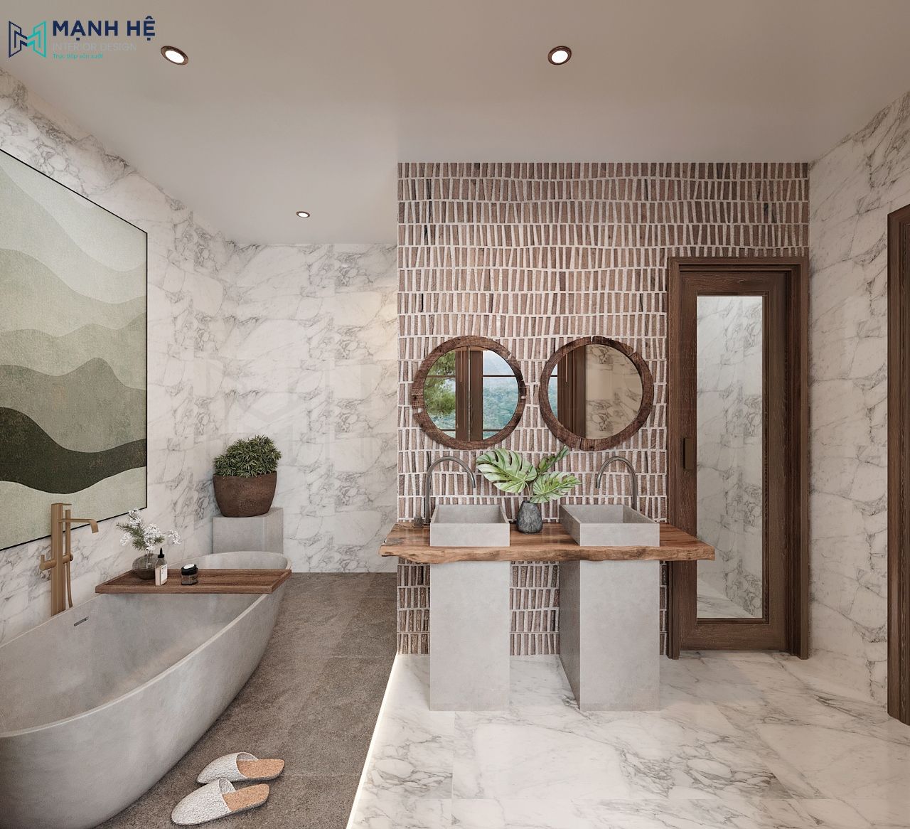 Nhà vệ sinh được ốp gạch toàn bộ với thiết kế với bồn tắm lớn và phòng tắm đứng riêng biệt làm nổi bật lên sự sạch sẽ, sang trọng