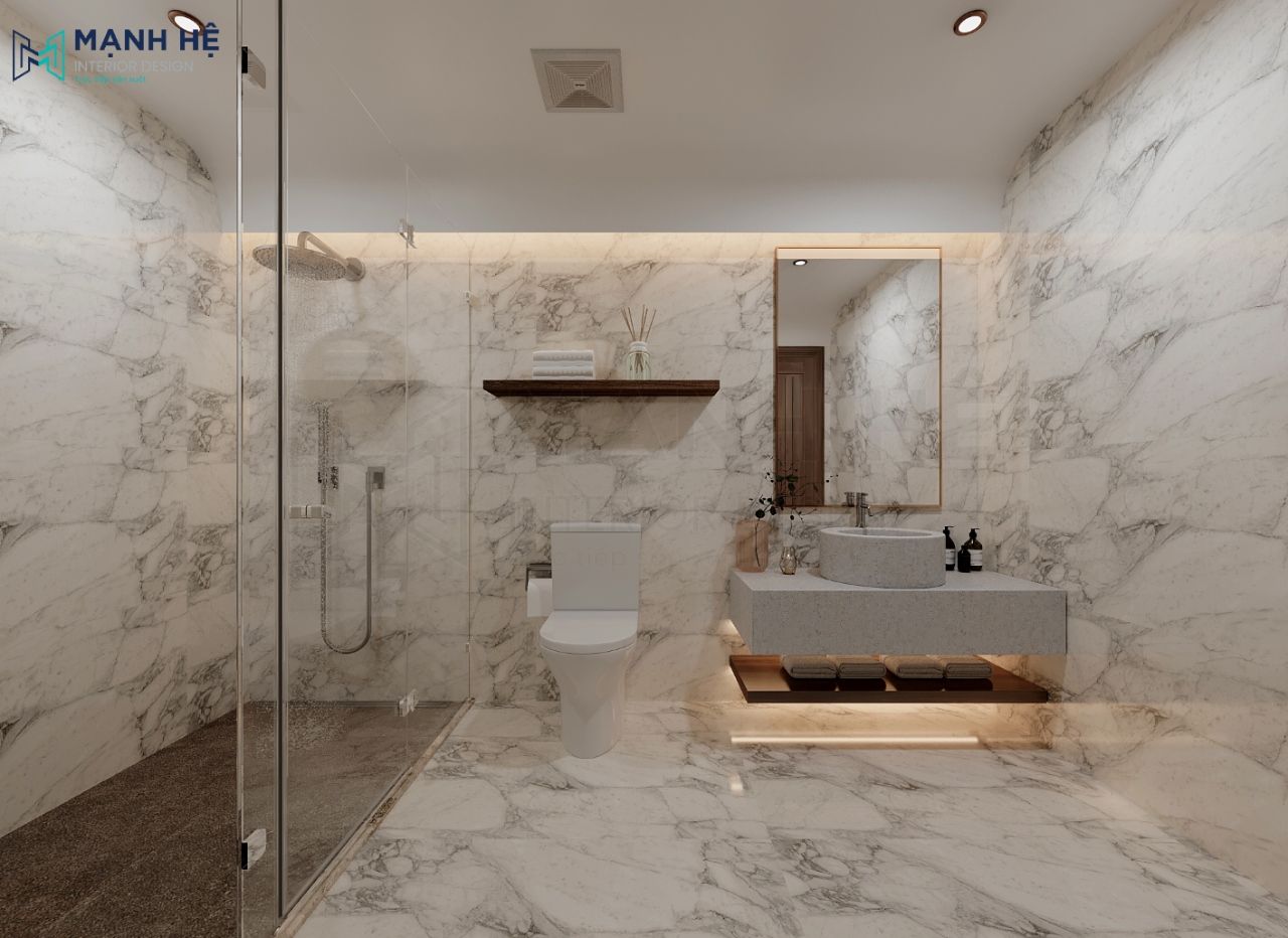 Nhà vệ sinh được thiết kế ốp gạch toàn bộ với phòng tắm đứng riêng biệt đảm bảo vệ sinh cho phòng vệ sinh có diện tích nhỏ