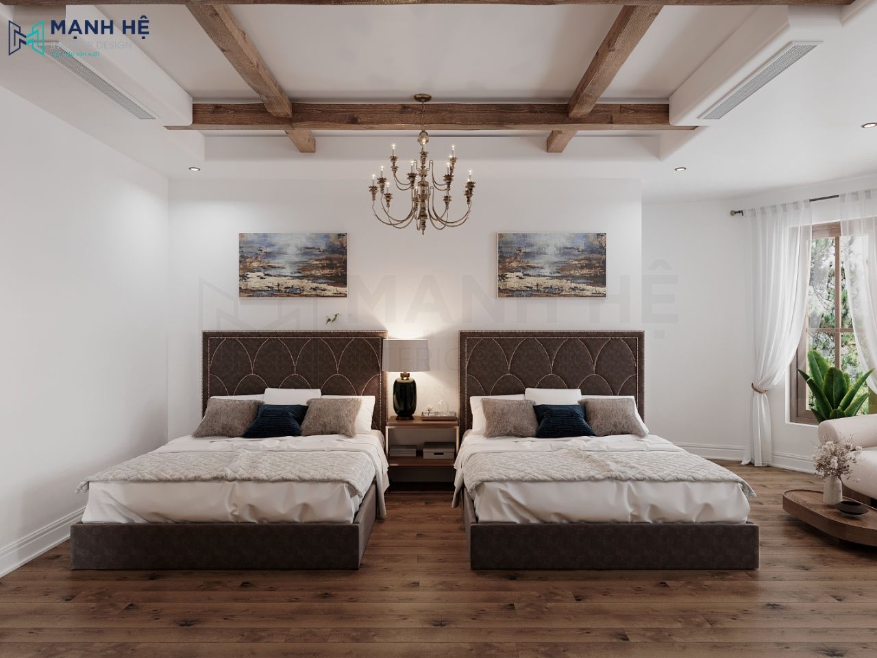 Thiết kế giường ngủ với họa tiết trang trí hiện đại Ban công lớn đặt bàn trà và ghế lười cho giúp khách hàng nghỉ ngơi,chiêm ngưỡng được hết khung cảnh rừng thông thơ mộng của Đà Lạt