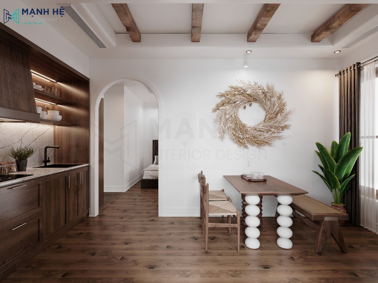 Tích hợp phòng bếp đầy đủ tiện nghi với chi tiết bàn ăn 5 chỗ ngồi với chân bàn độc lạ tạo điểm nhấn cho gian bếp