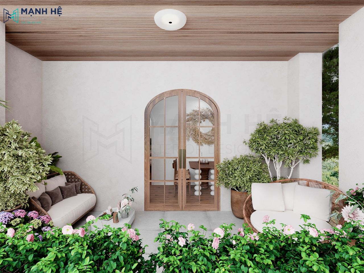 Tổng thể ban công lớn với nhiều hoa và cây cảnh tạo cảm giác thơ mộng và sinh động hơn