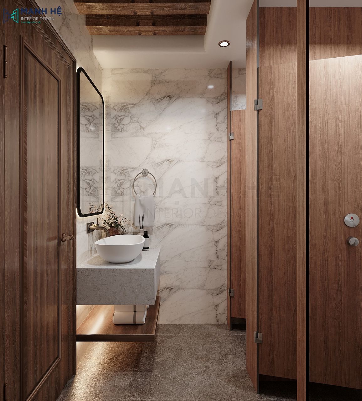 Lavabo treo tường kết hợp với gương chữ nhật bo tròn tạo sự sang trọng cho một góc phòng