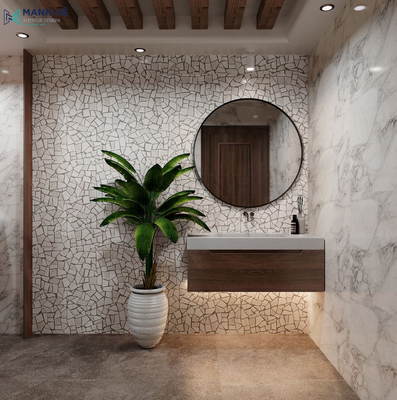 Bồn rửa treo tường kết hợp với gạch ốp lạ mắt tăng thêm sự sang trọng cho gian phòng