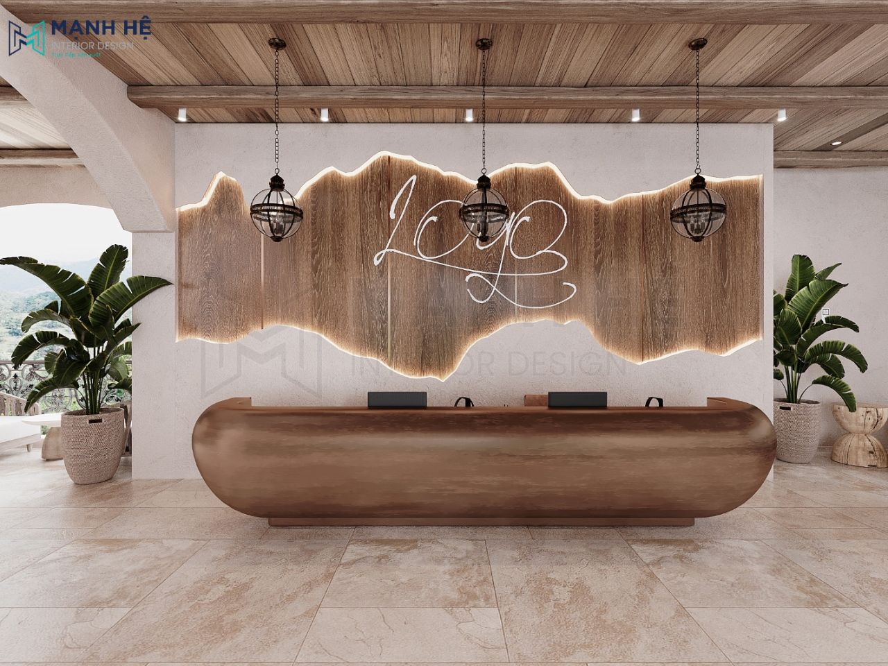 Nội thất tầng trệt được thiết kế với tone màu gỗ tự nhiên theo phong cách Rustic nhẹ nhàng