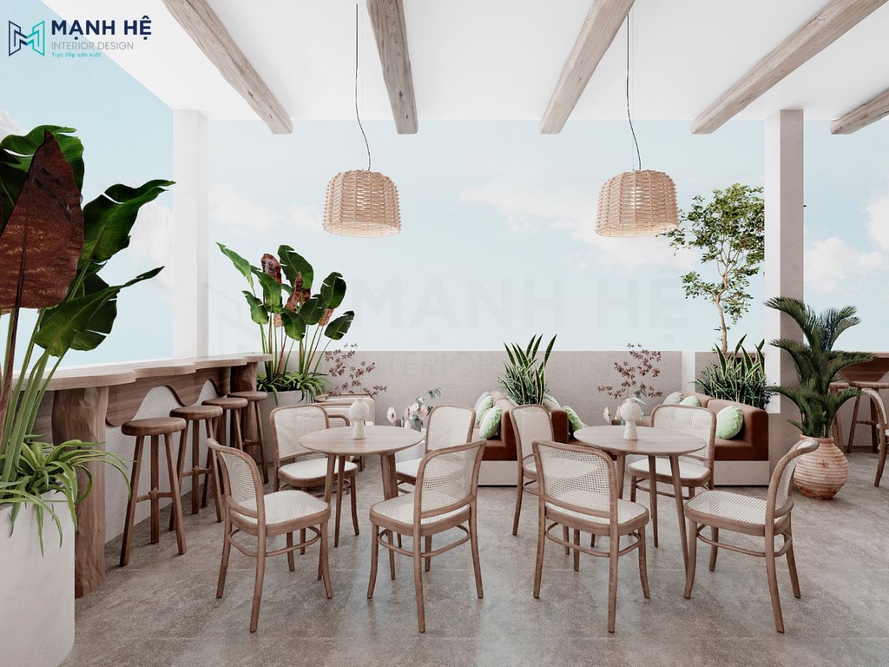 Thiết kế bar ngoài trời thoáng mát với nhiều cây xanh sinh động