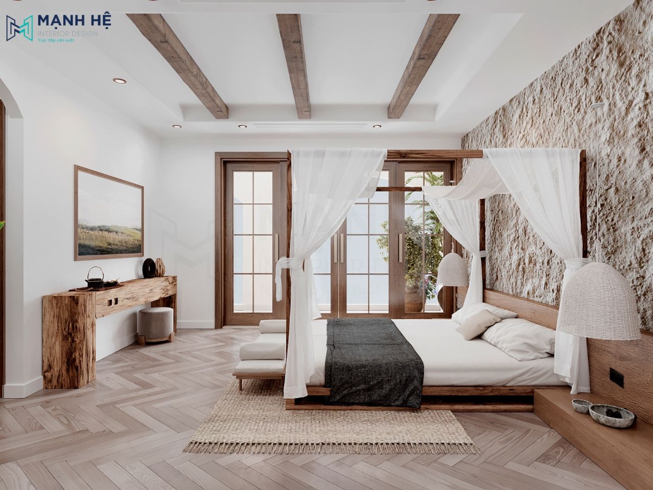 Phòng ngủ master được thiết kế tối giản theo phong cách Rustic
