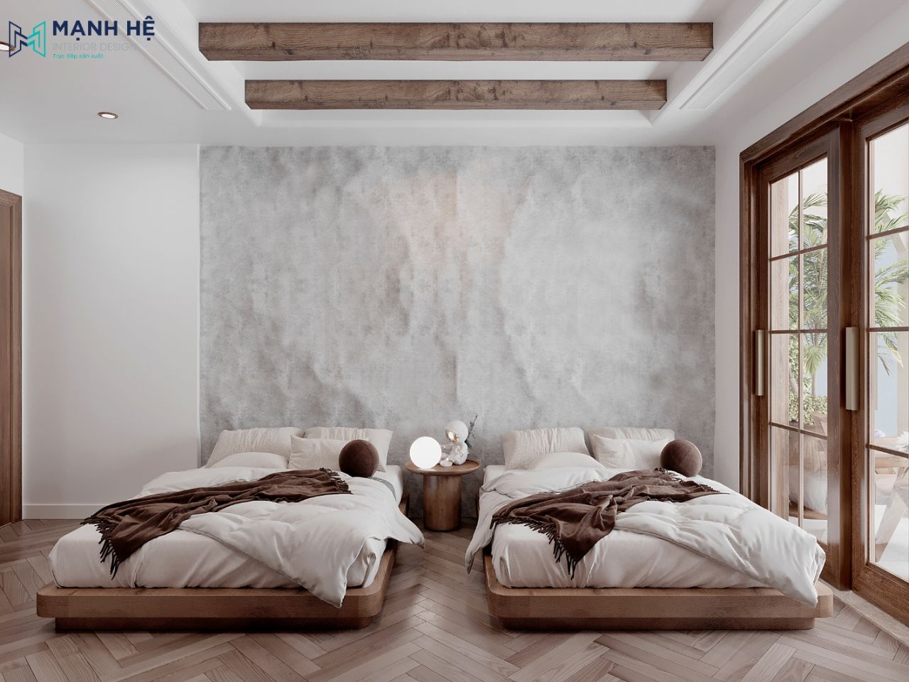 Giường dạng bục thấp bằng gỗ công nghiệp và điểm nhấn à bức tường xi-măng gồ ghề mộc mạc