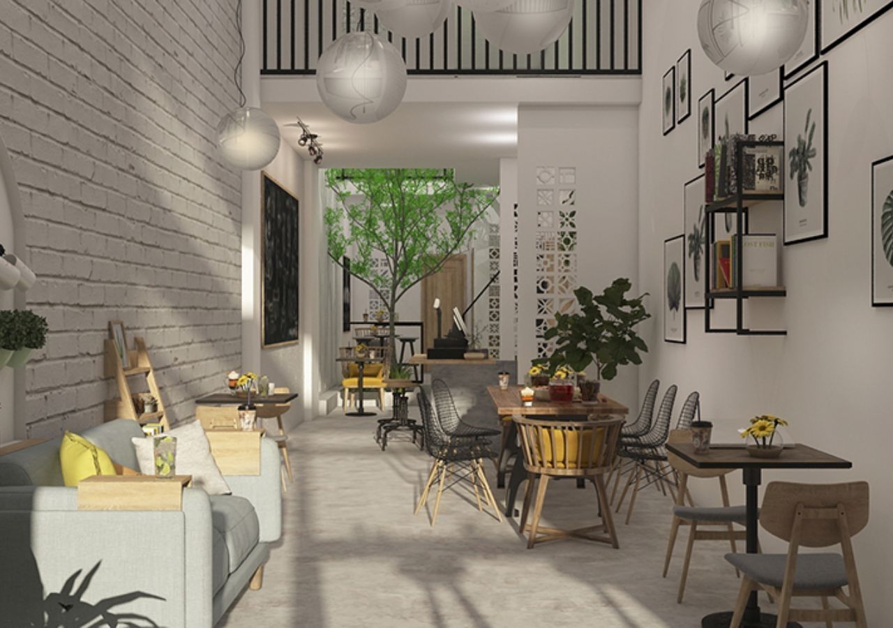 Ý tưởng 15: Trang trí quán cafe phong cách đơn giản và đèn thả trần quả bóng độc đáo