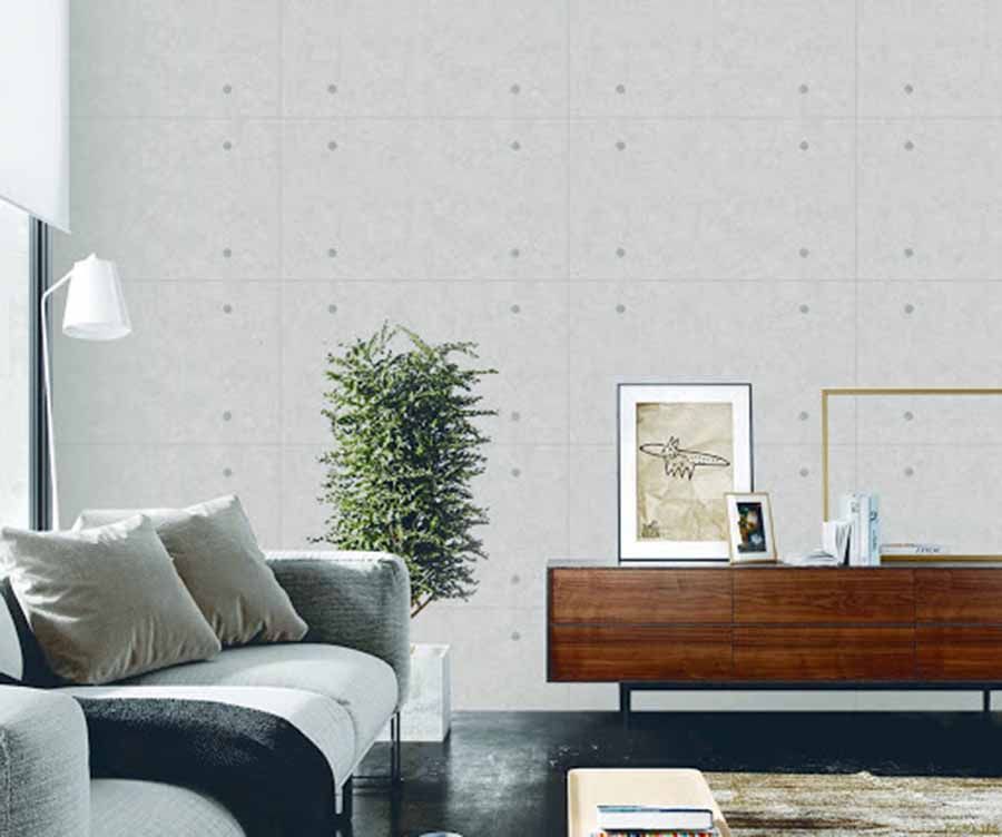Phòng khách trở nên thu hút hơn bởi thiết kế tường bằng giấy dán giả bê tông kết hợp cây xanh