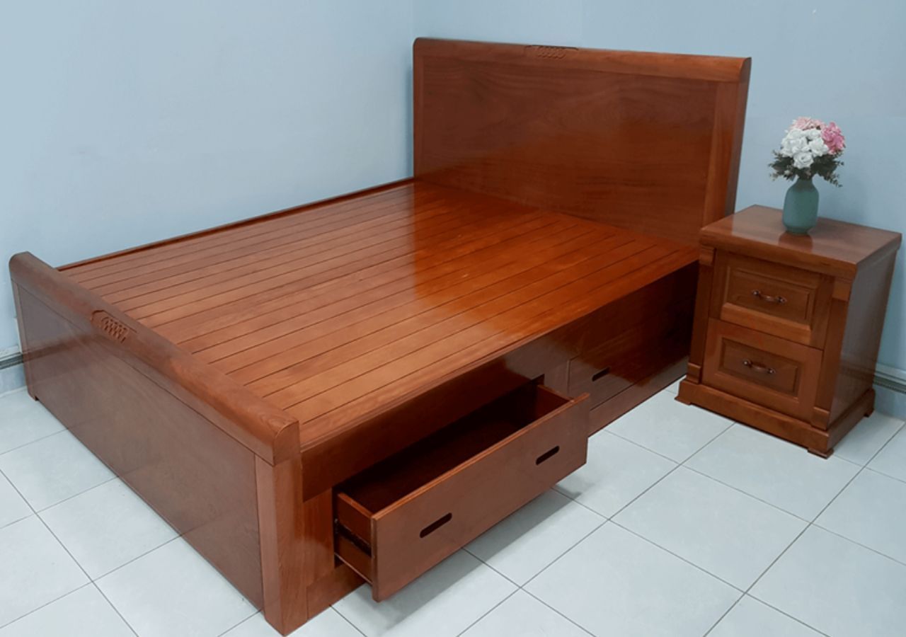 Giường gỗ xoan đào 1m6 có ngăn kéo để đồ tiết kiệm diện tích phòng ngủ