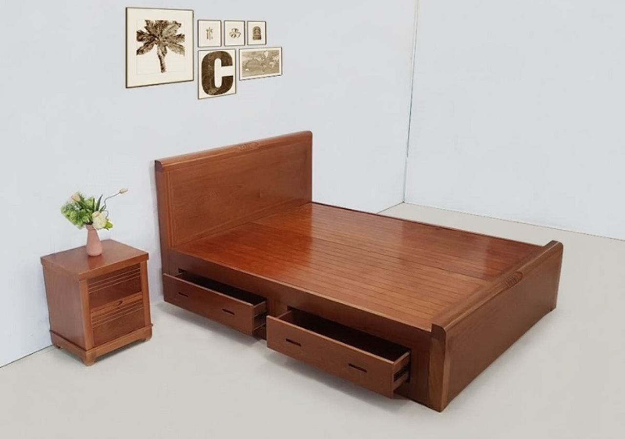 Giường ngủ gỗ xoan đào dài 1m8 kiểu dáng tối giản hiện đại