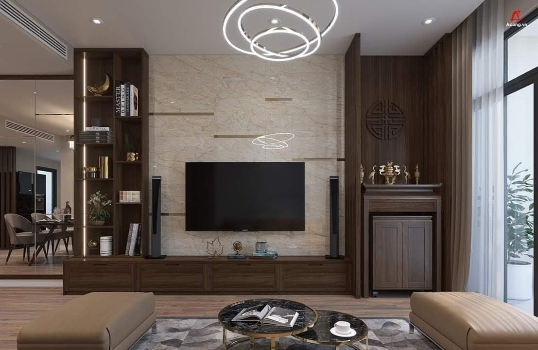 Kệ tivi nguyên khối kết hợp cùng giá sách và án gian thờ
