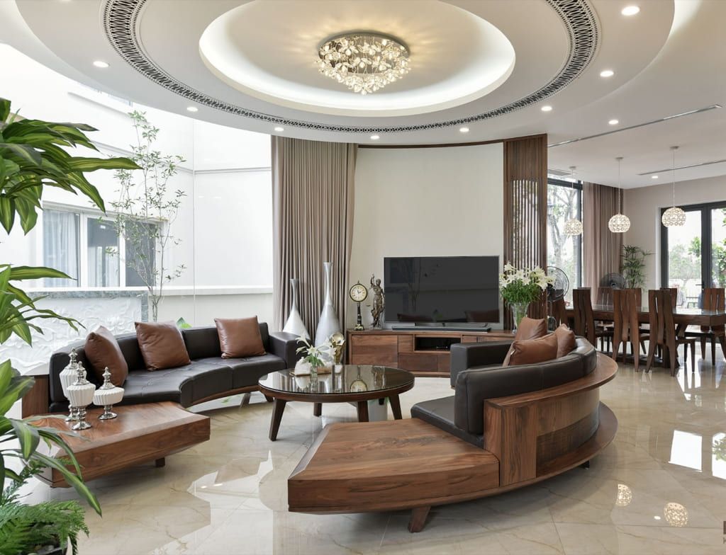 Thiết kế kệ tivi nguyên khối với nội thất tổng thể phòng khách