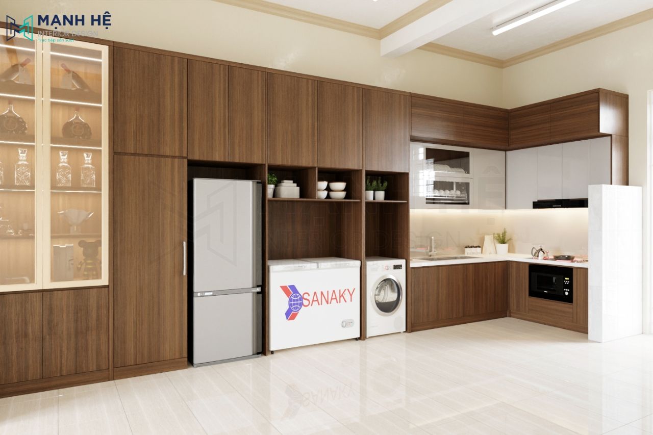 Tủ bếp phủ bằng gỗ công nghiệp melamine nhám chống trầy kết hợp tủ bếp trên phủ bóng gương sang trọng