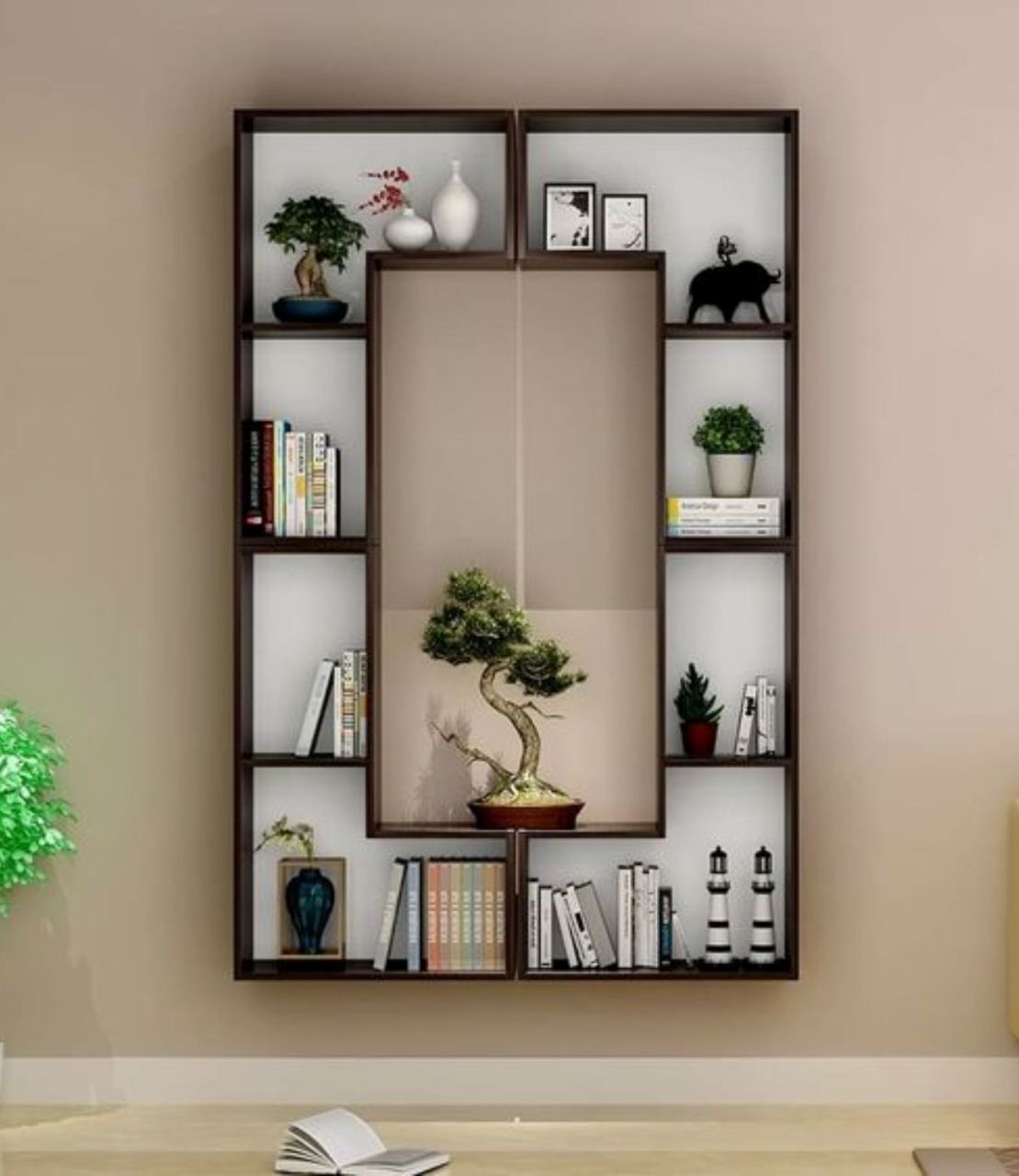 Cách 25: Trang trí kệ sách với cây bonsai phù hợp các không gian phong cách Nhật Bản