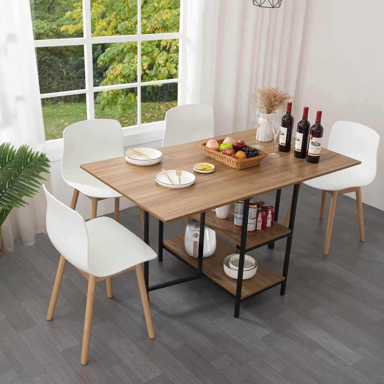 Thiết kế bàn ăn thông minh kéo dài tích hợp giá để đồ