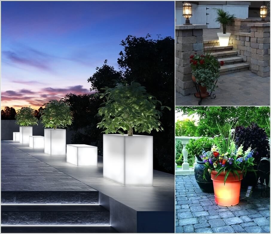 Mẫu 12: Tích hợp đèn chiếu sáng vào các chậu trồng cây dọc lối đi sân vườn, đảm bảo an toàn khi di chuyển, đồng thời tạo hiệu ứng ánh sáng hút mắt.