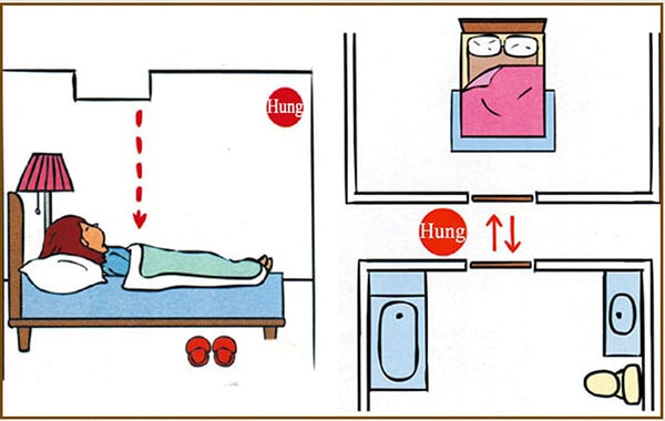 giường ngủ đối diện cửa nhà vệ sinh